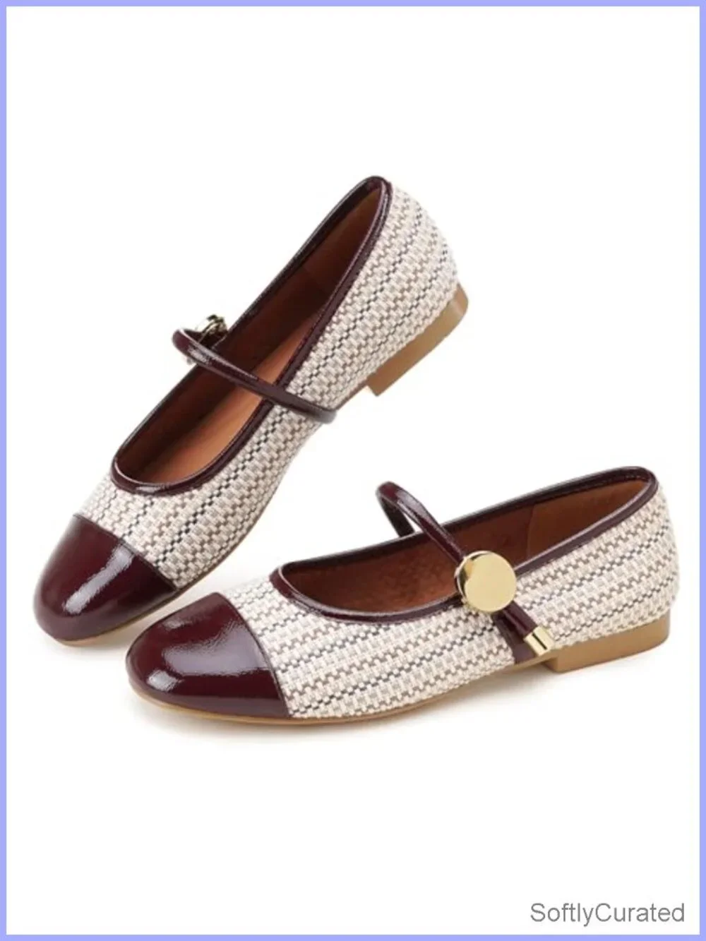 Tweed Mary Jane Flats Cap Toe Woven Ballet Flat with Ankle Strap